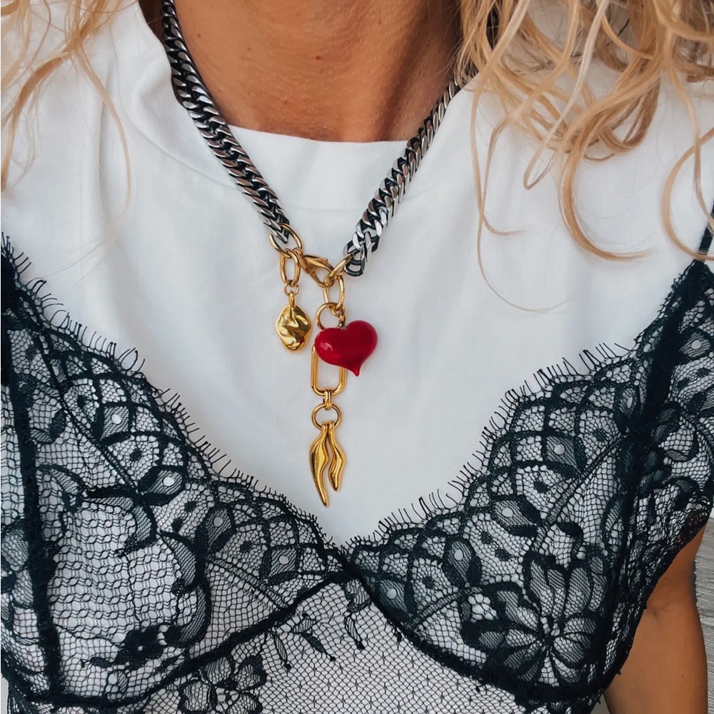 Rock Chain Necklace with Fishbone Black Chain and Red Heart